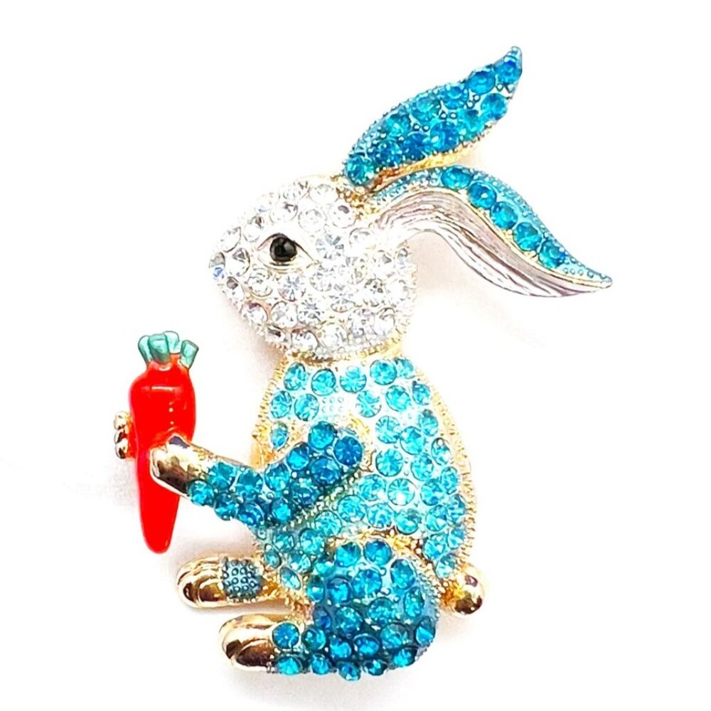 Blue Bunny RABBIT with Carrot Pin BROOCH & Pendant